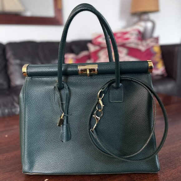 Italian Green Leather Satchel – Structured Top Handle Bag w/ Gold Tone Hardware - Picture 9 of 9